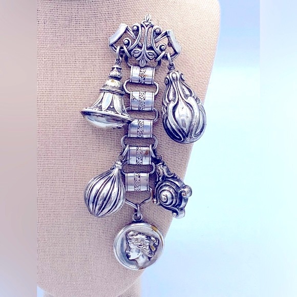 Unique Vintage Jewelry - Vintage SilverTone Dangling Charm And Locket Brooch Very Unique 4 1/2” Long